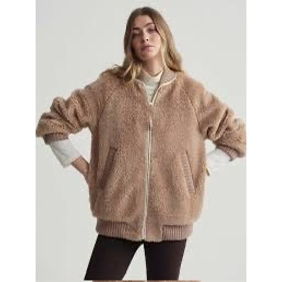 Varley Ella Long Line Sherpa Bomber Jacket Tan Teddy Zip Up Womens M Cozy Winter - Picture 3 of 9
